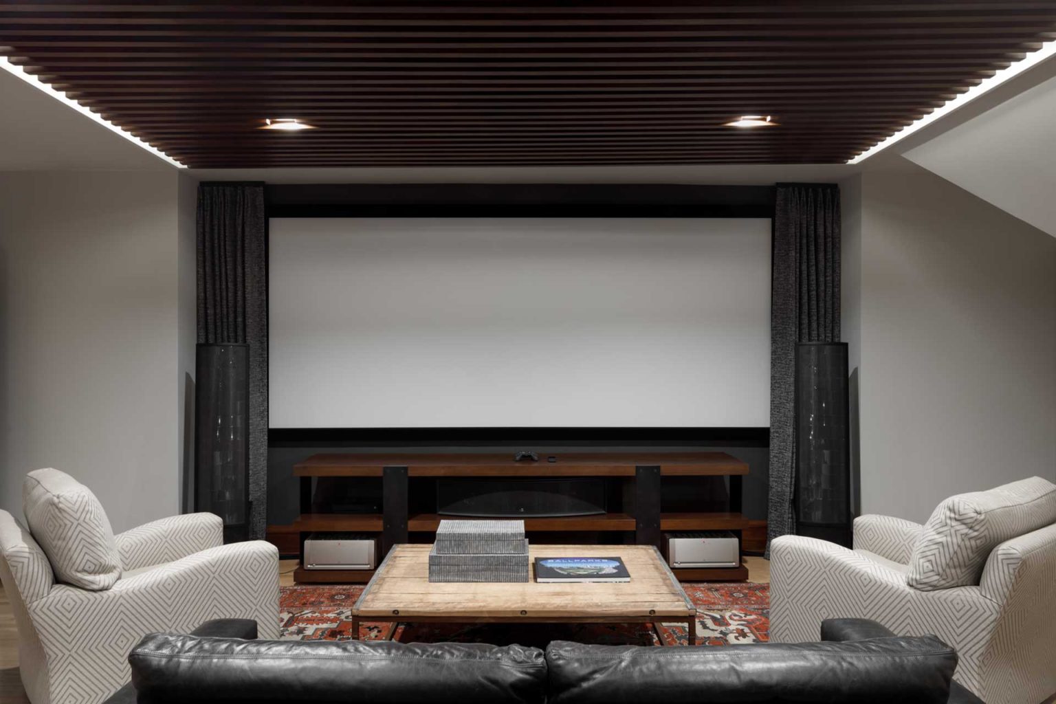 Home theater screen, seating and game table