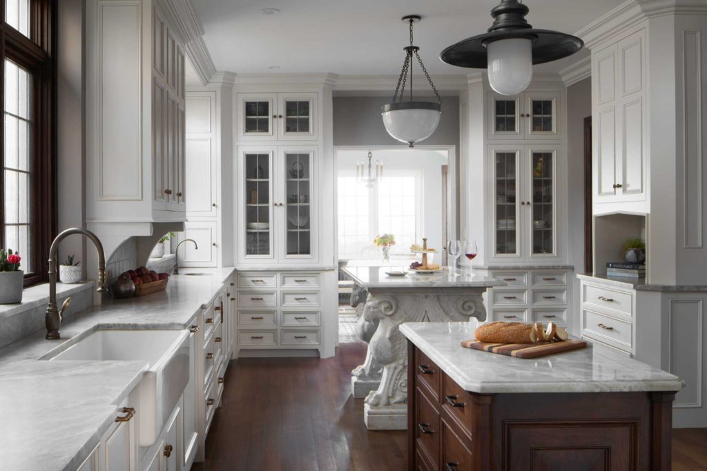 Full kitchen view with two islands