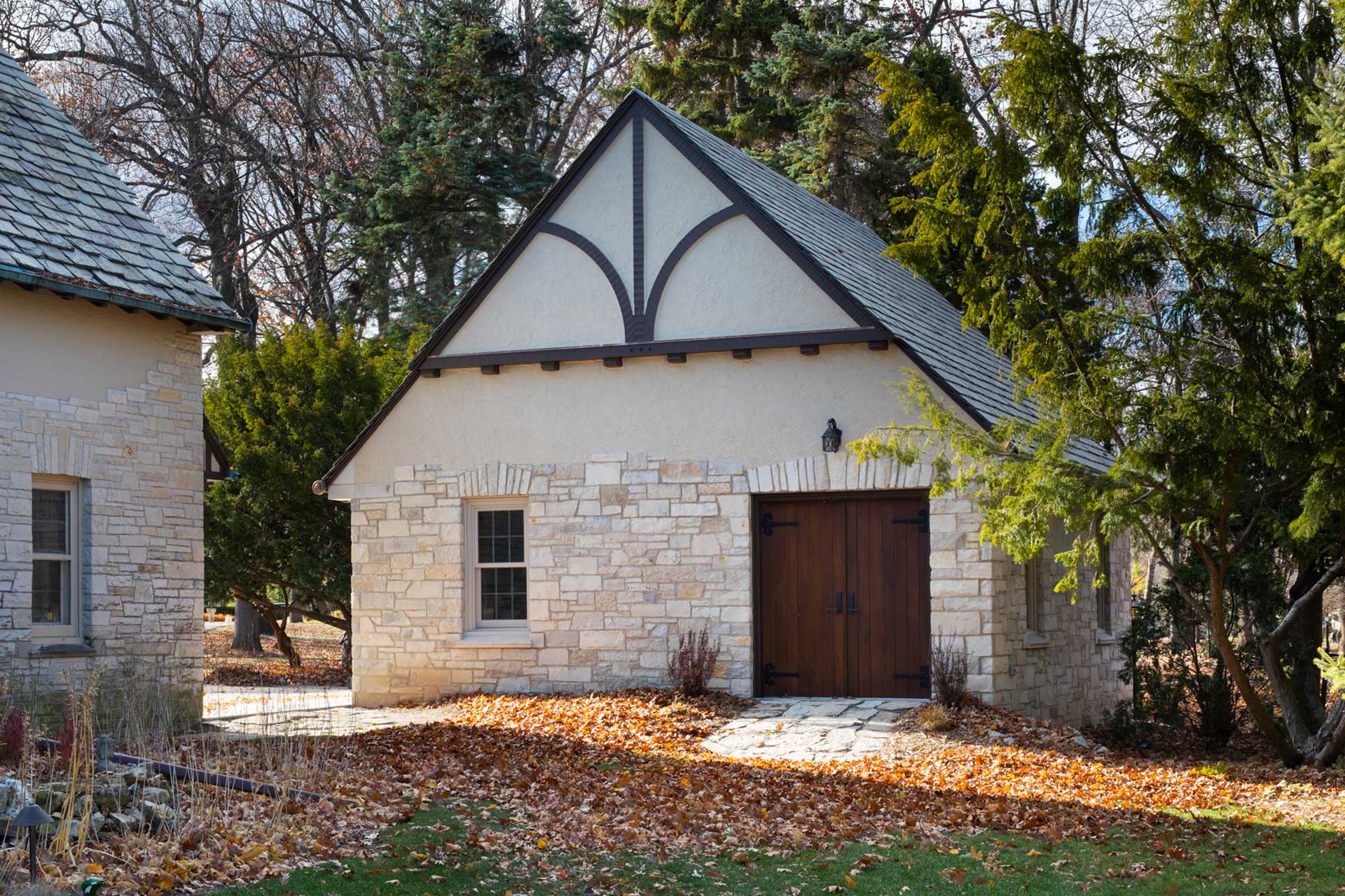 Daytime view of stone garage