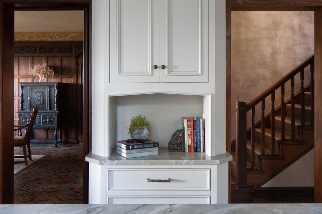 Book storage nook in kitchen